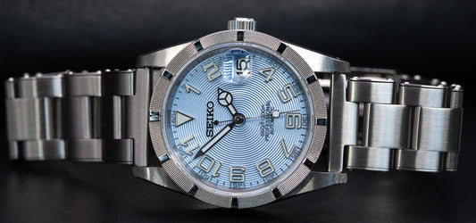 Baby Blue Concentric Dial Seiko Mod in vintage style case with drilled lugs. Vintage Style Solid Steel Rivet Oyster Bracelet Straight Ended