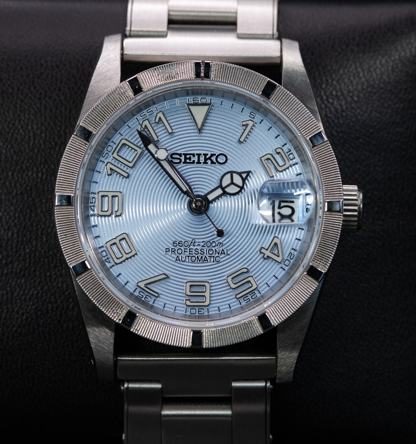 Baby Blue Concentric Dial Seiko Mod in vintage style case with drilled lugs. Vintage Style Solid Steel Rivet Oyster Bracelet Straight Ended