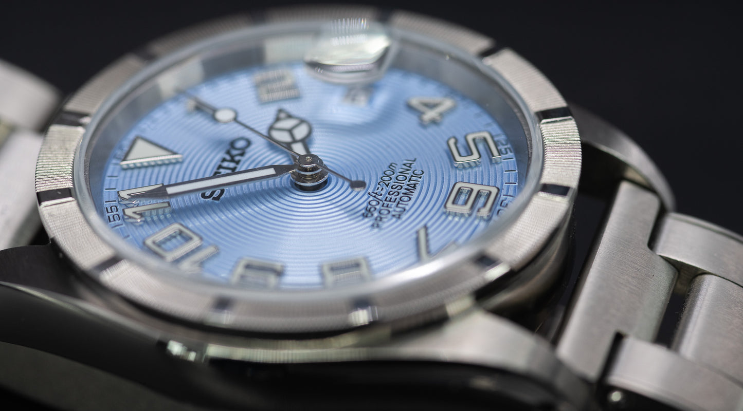Baby Blue Concentric Dial Seiko Mod in vintage style case with drilled lugs. Vintage Style Solid Steel Rivet Oyster Bracelet Straight Ended