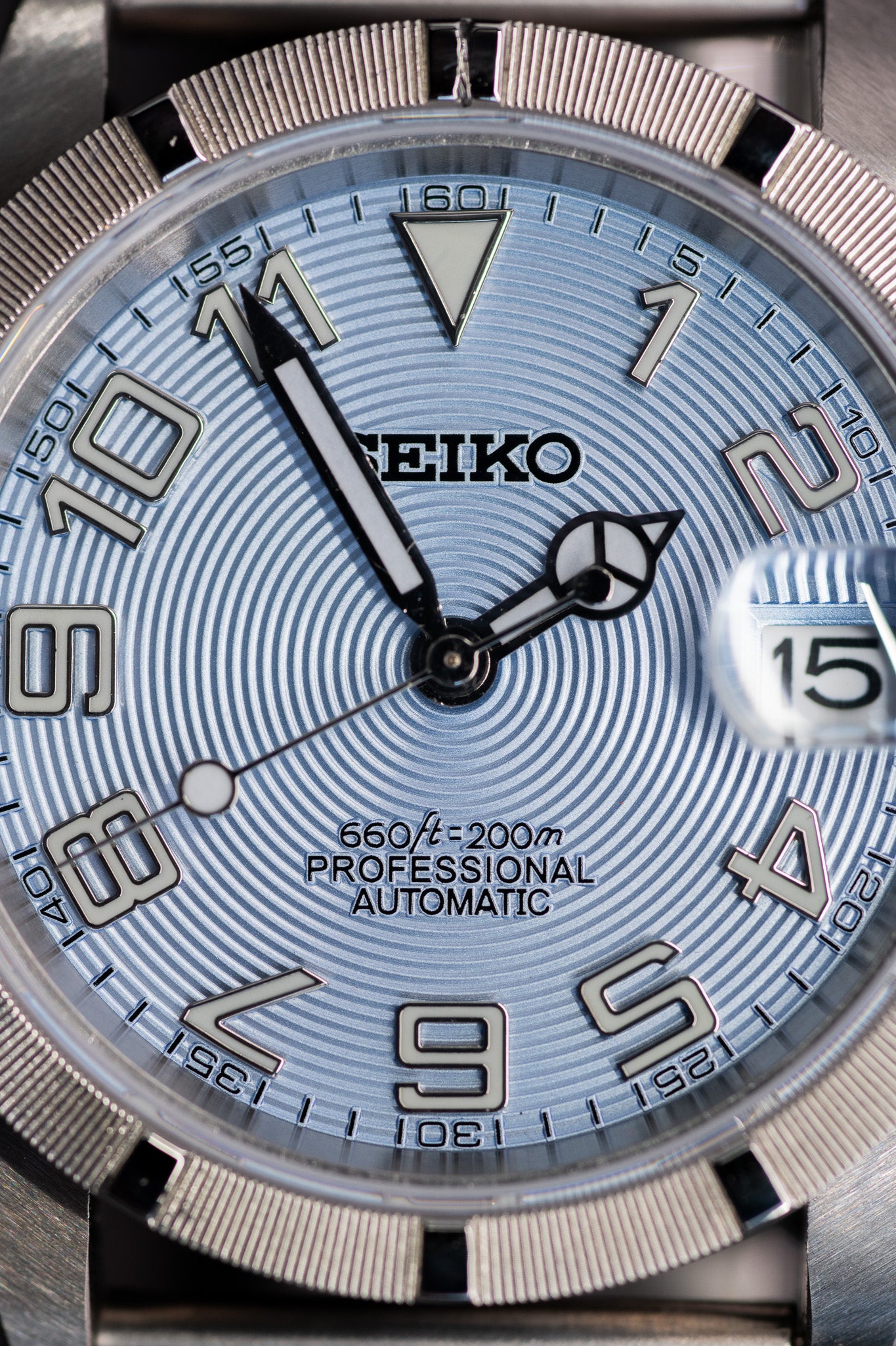 Baby Blue Concentric Dial Seiko Mod in vintage style case with drilled lugs. Vintage Style Solid Steel Rivet Oyster Bracelet Straight Ended