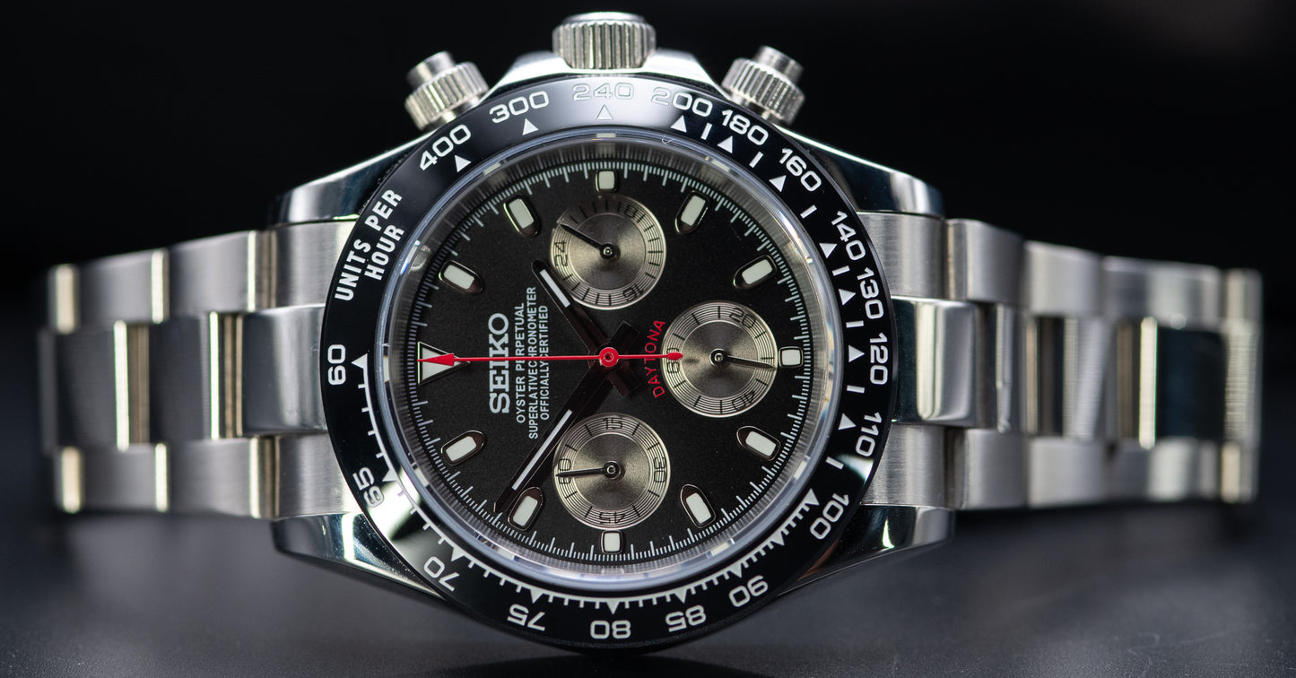 Seiko homage Daytona with a black dial and moonrock sub dials