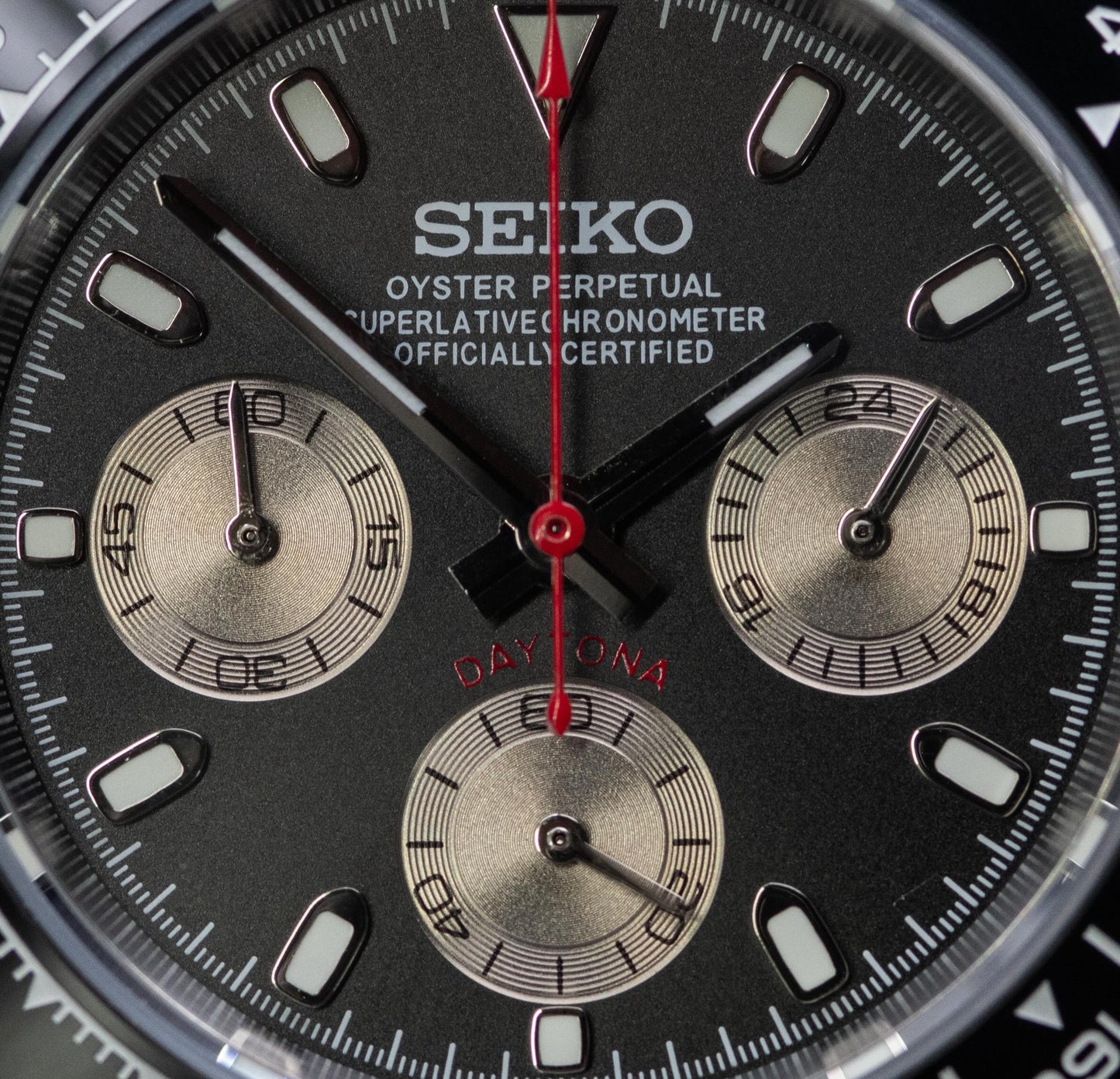 Seiko homage Daytona with a black dial and moonrock sub dials