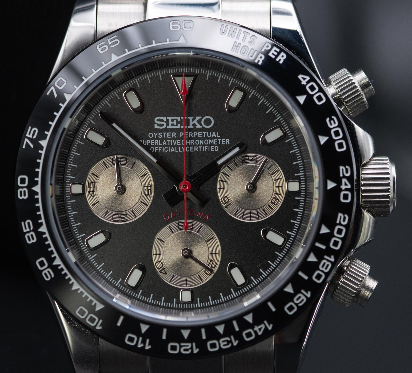 Seiko homage Daytona with a black dial and moonrock sub dials