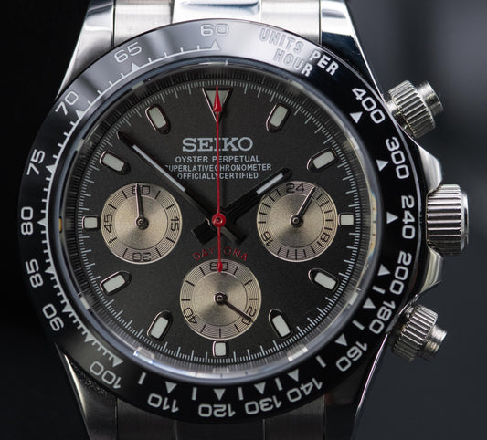 Seiko homage Daytona with a black dial and moonrock sub dials